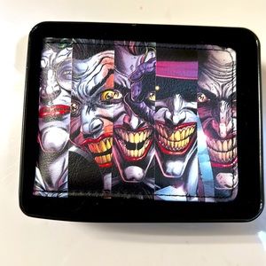 Different faces of The Joker double sided bifold wallet with collectible tin box